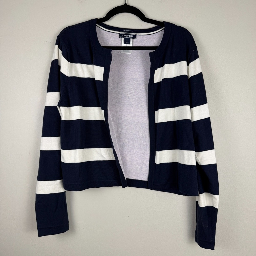 Lands' End Cardigan Sweater Women's Large Navy White Cotton Striped Open Front